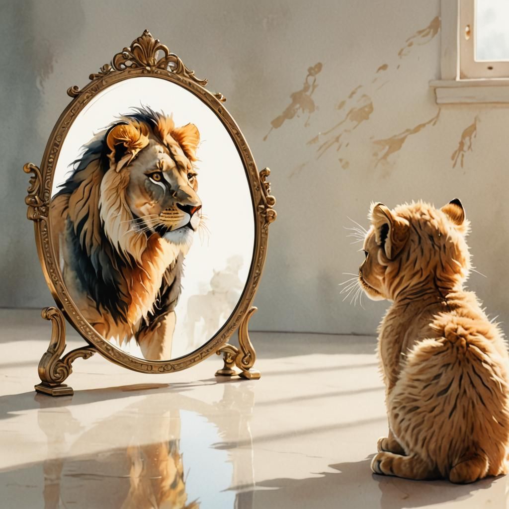 Cat Sees Lion Reflection, Digital Watercolor Illustration