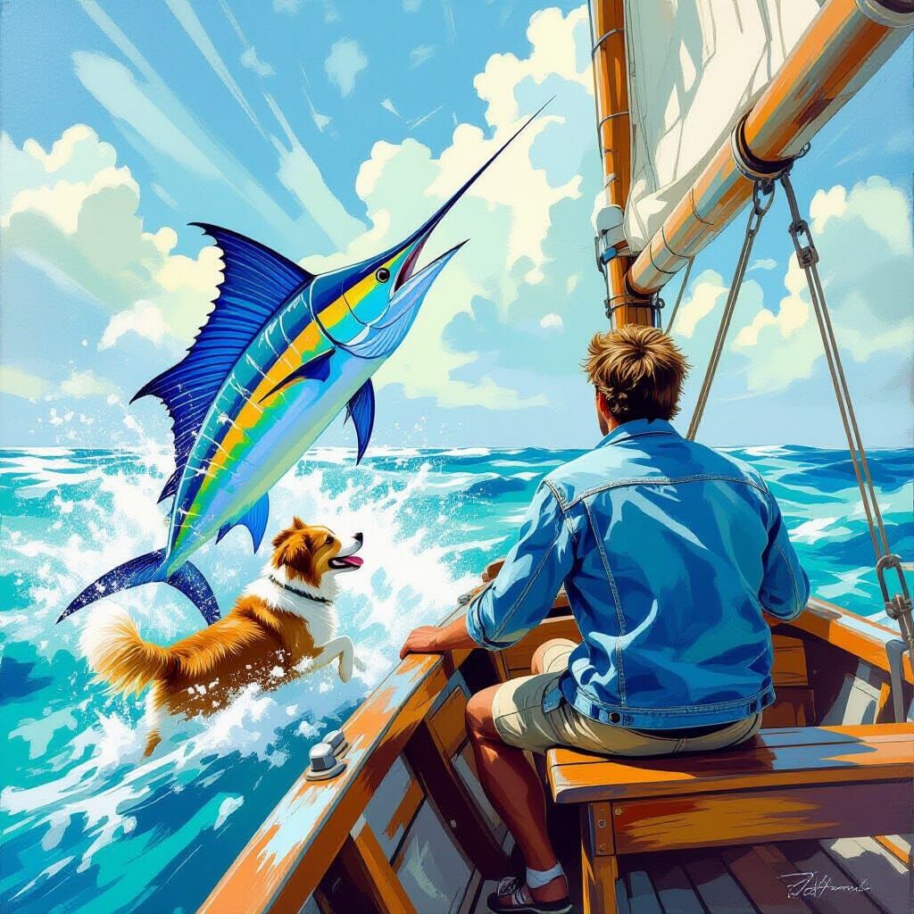 Sailor, Dog, and Sailfish in Airbrush Art Style