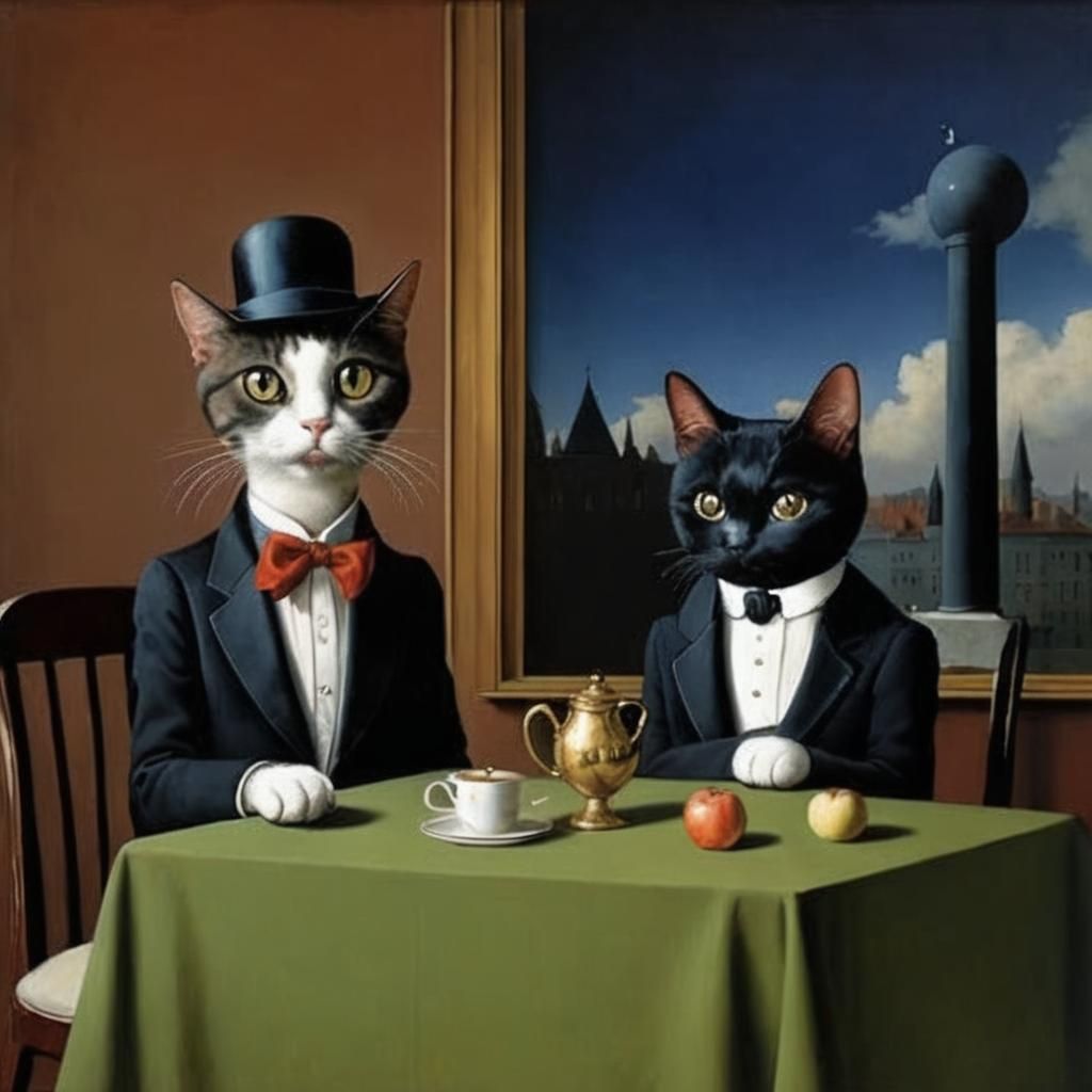 Surrealist Cat with Apple and Bowler Hat