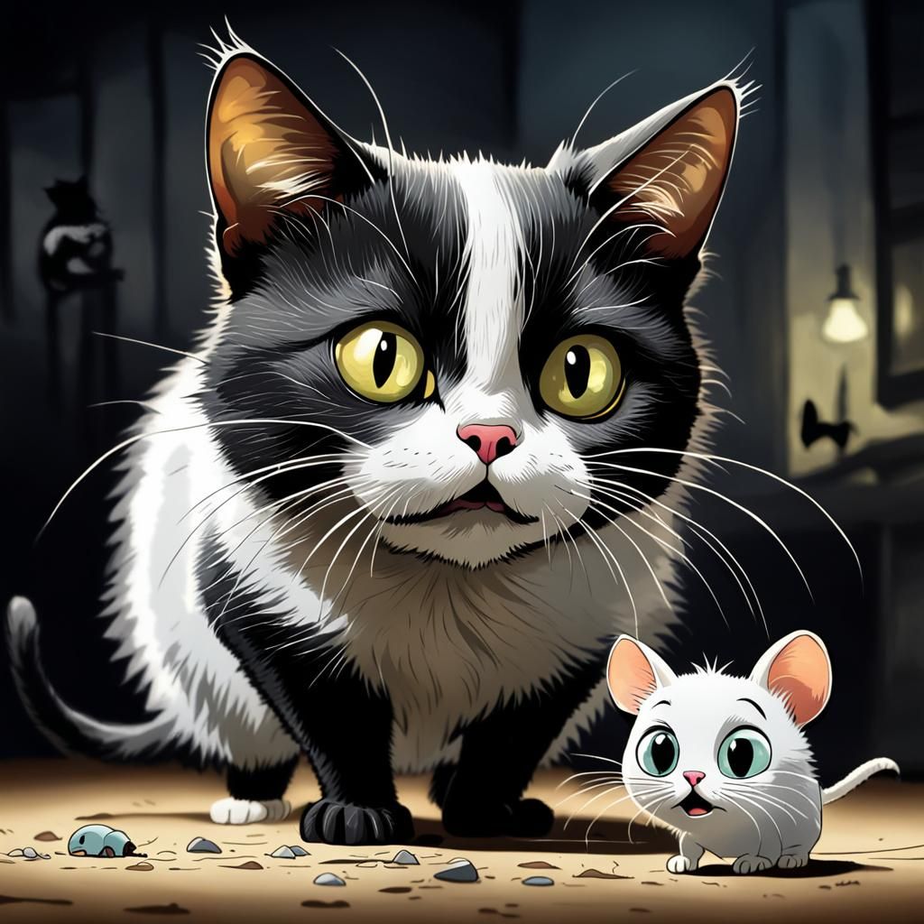 Cartoon Cat Stares at Mouse, Anna Haifisch Style