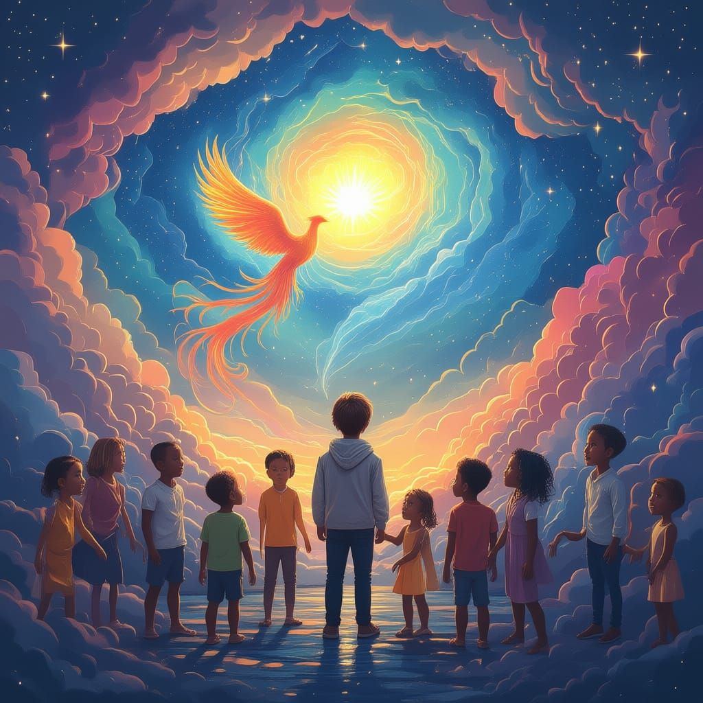 Young Artist in Glowing Dreamscape of Hope and Creativity