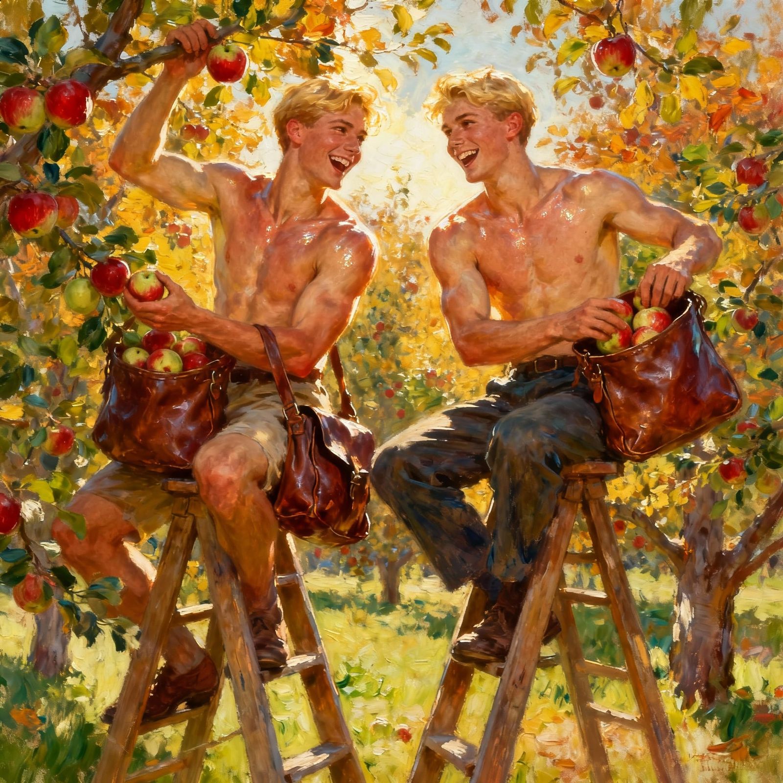 Impressionistic Orchard Scene: Young Men Harvesting Apples