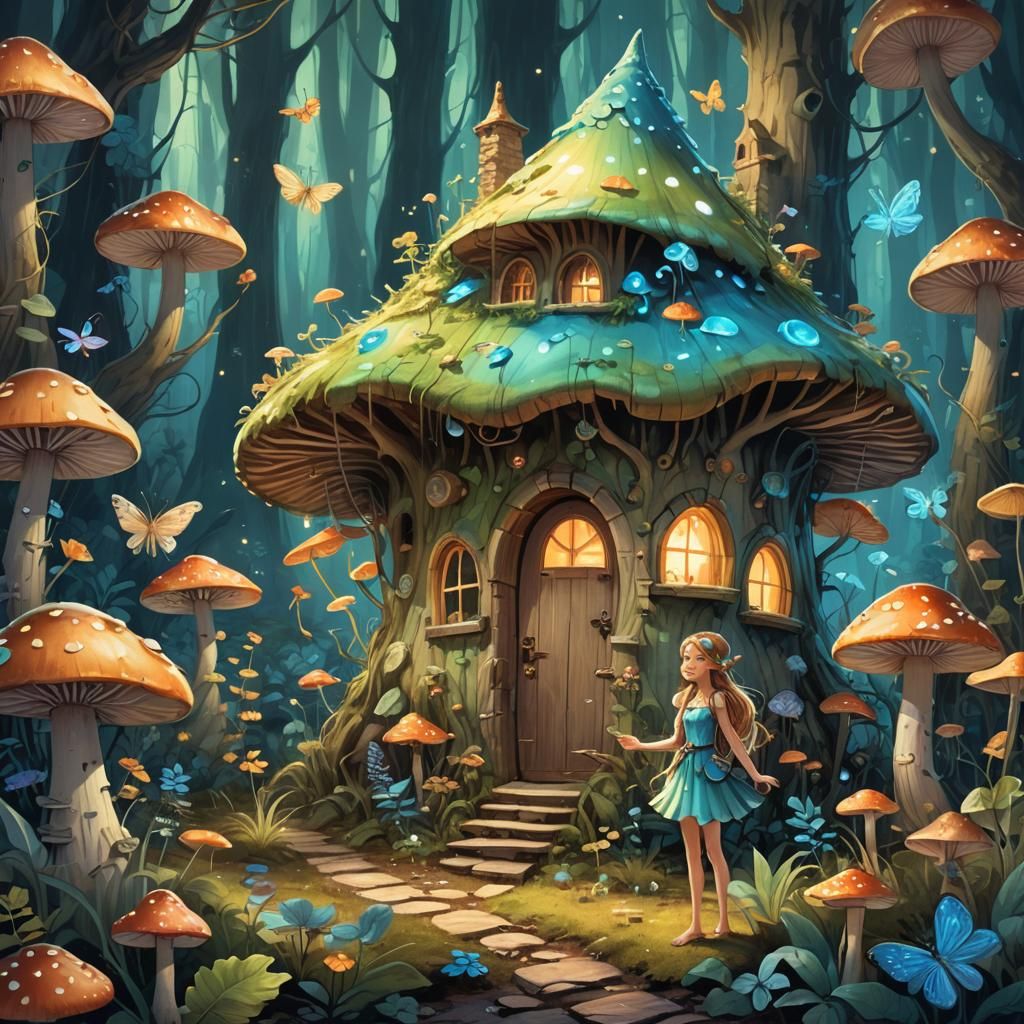 Enchanted Fairy in Bioluminescent Forest Illustration