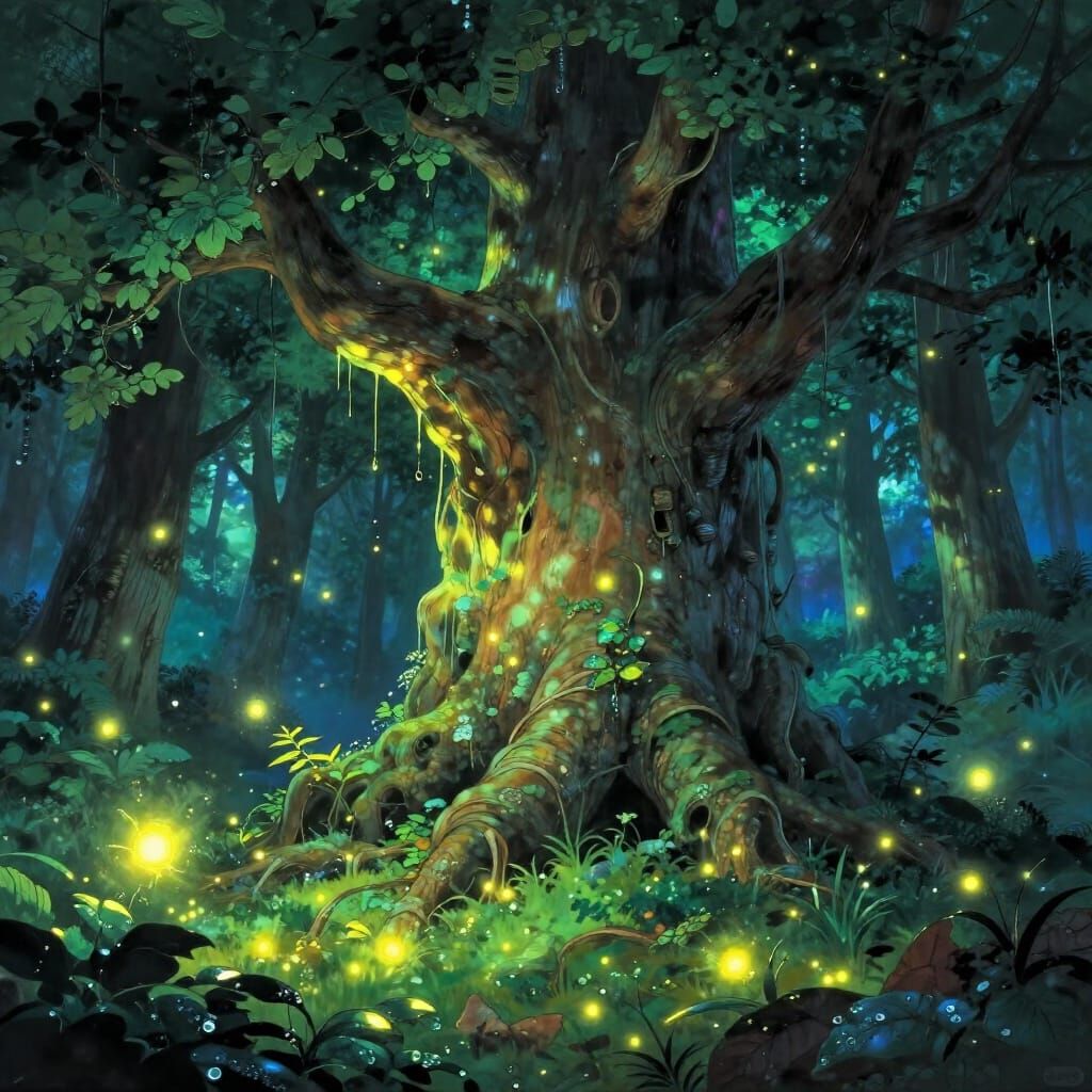 Luminous Ancient Tree in Enchanted Forest