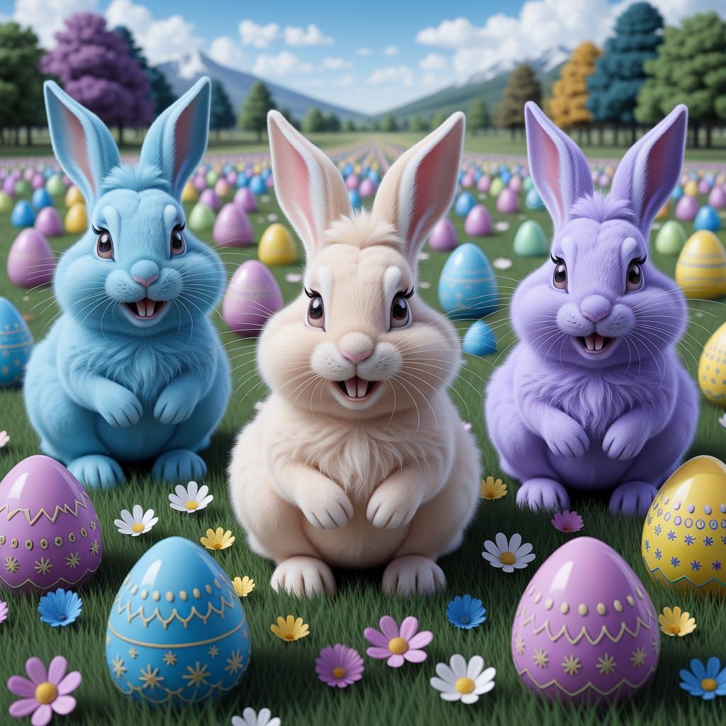 Vibrant Easter Bunnies in Whimsical Watercolour Wonderland