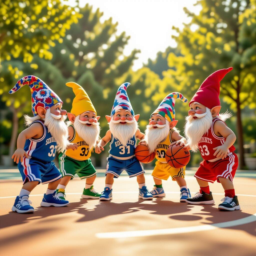 Gnomes Play Basketball in Vibrant Sports Photography Style