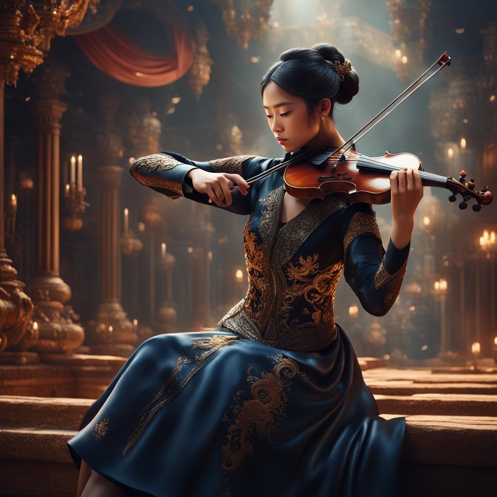 Asian Woman Playing Violin in Detailed Matte Painting