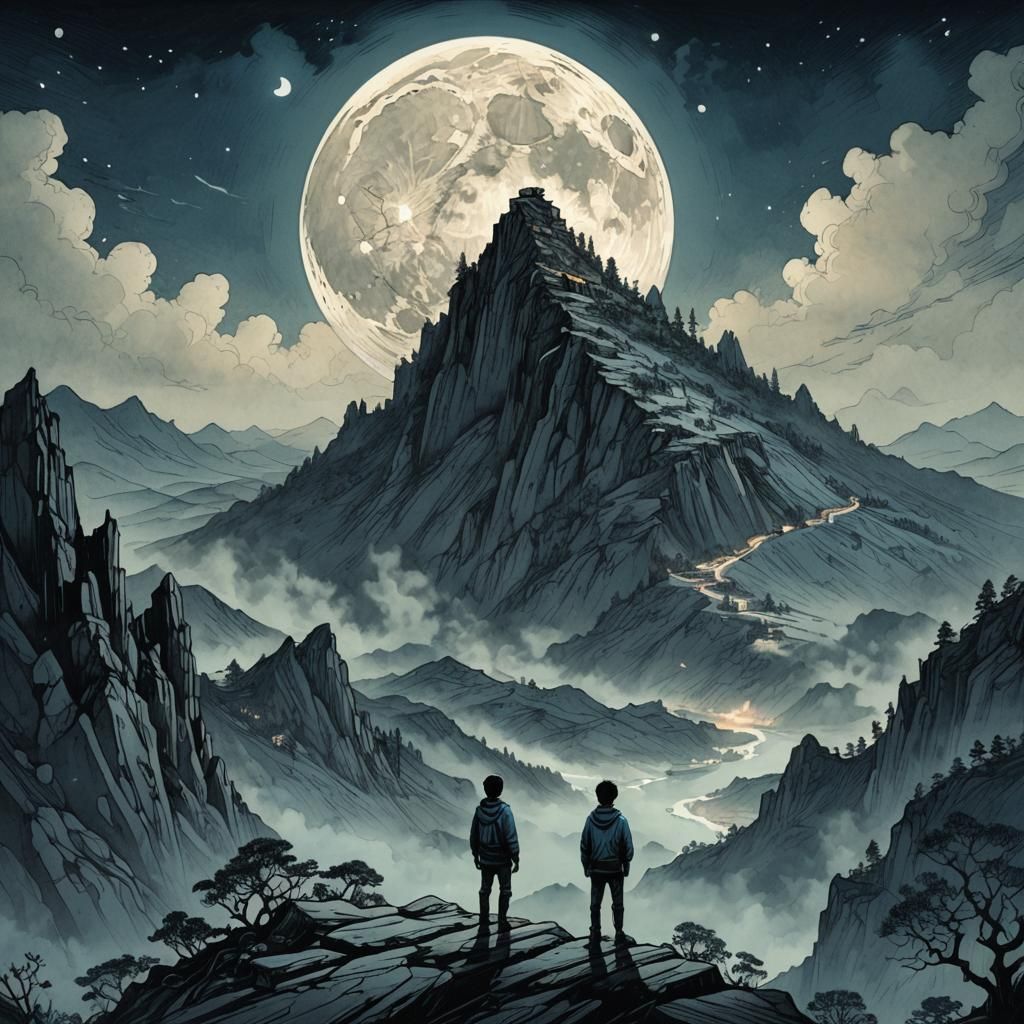 Dramatic Moonlit Landscape in Pen and Ink Style