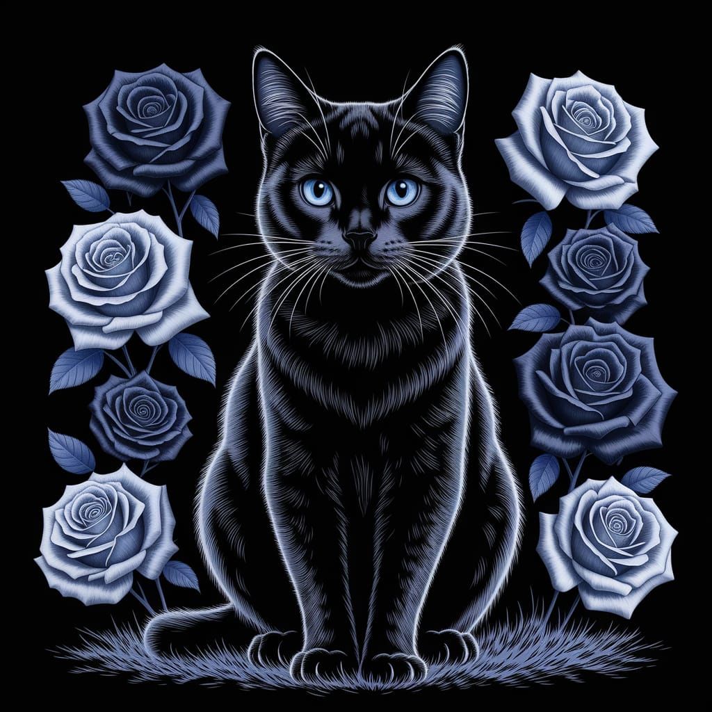 Mysterious Black Cat in a Field of Dark Blooms
