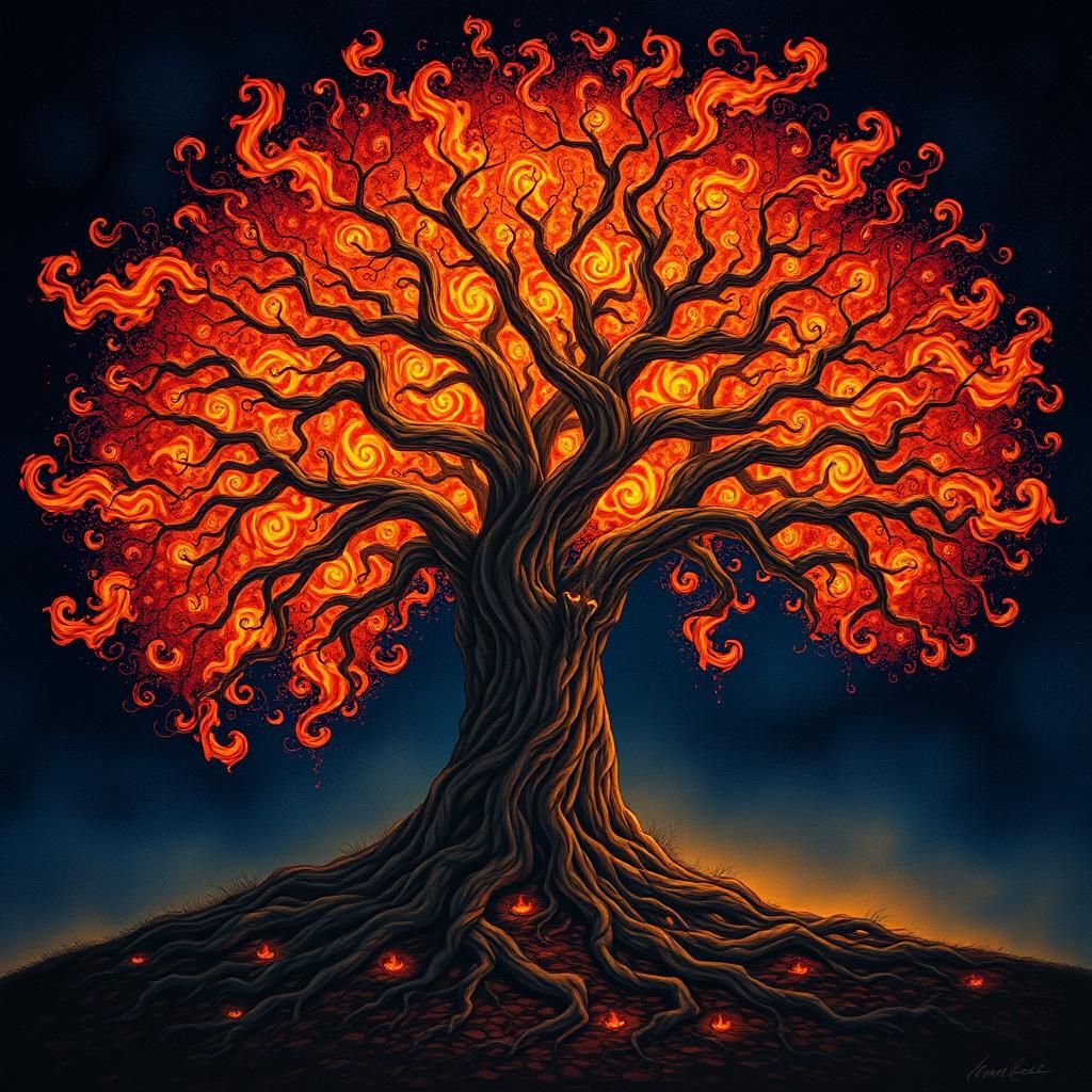 Majestic Fiery Tree in Jewel-Toned Twilight