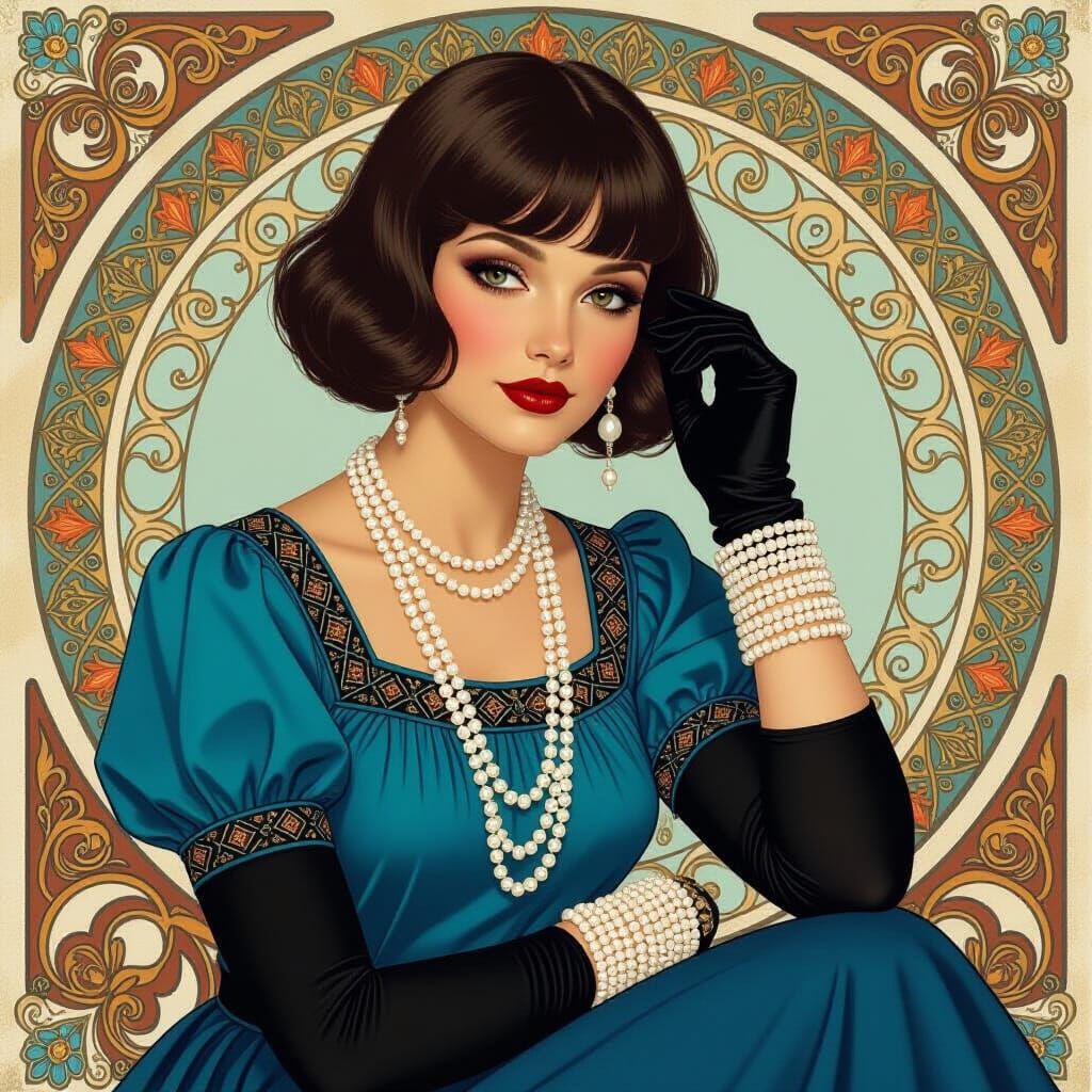 Art Nouveau Portrait of a Woman in Blue Blouse