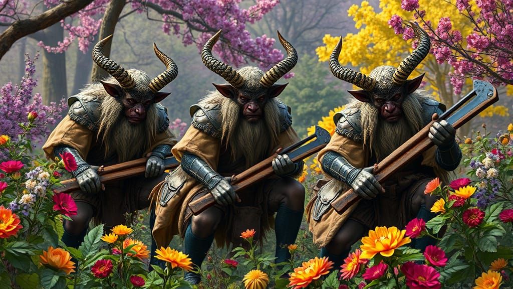 Satyrs Tend Victorian Park in Hyperrealistic Dark Fantasy St...