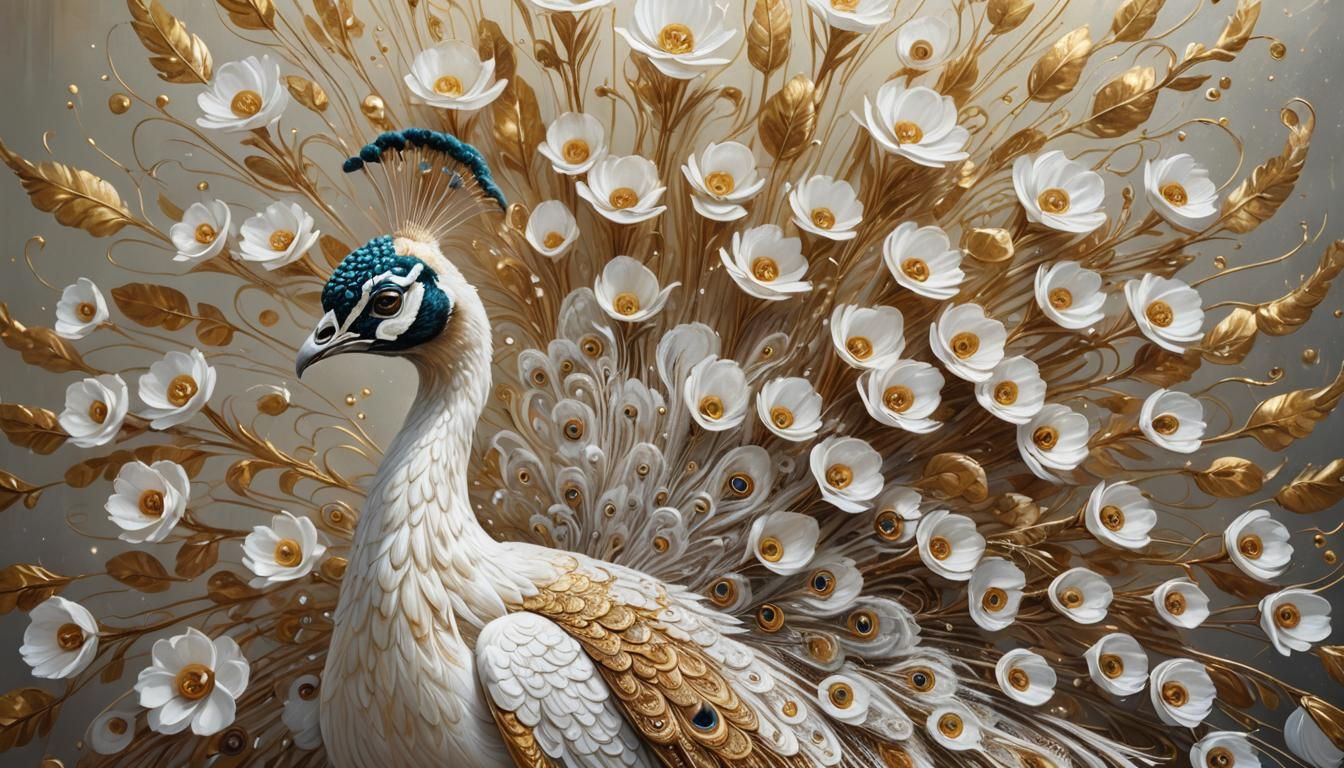 Ornate White and Golden Peacock Oil Painting