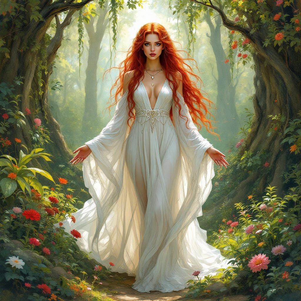 Celtic Goddess in Lush Garden with Followers