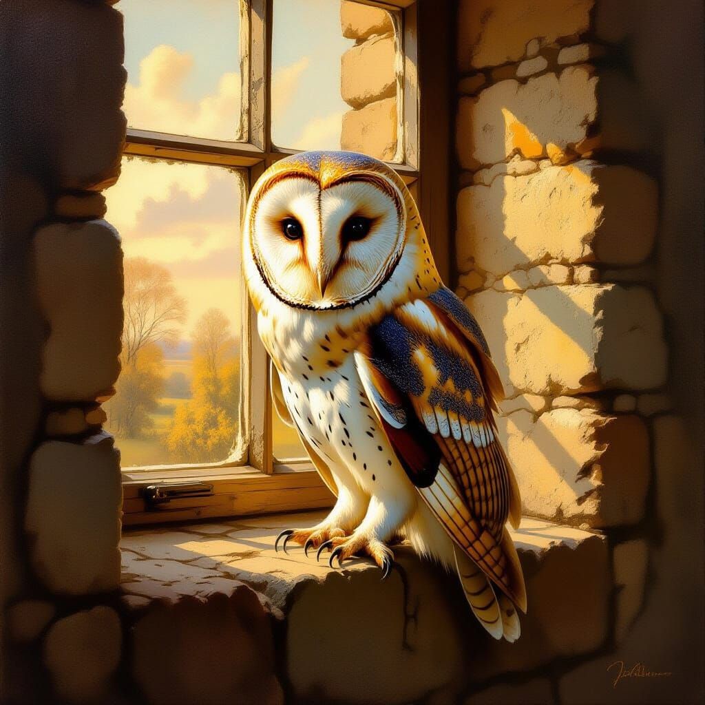 Barn Owl on Windowsill: Dutch Renaissance Style