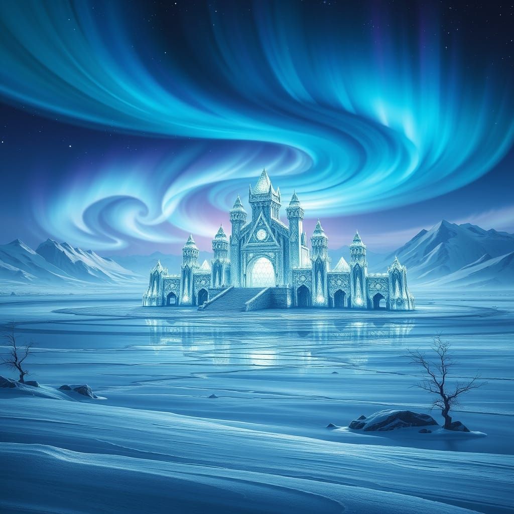Crystal Ice Palace on Frozen Lake: Digital Art