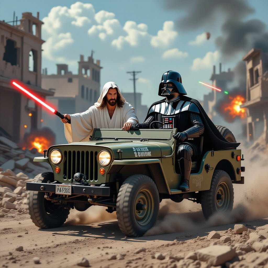 Jesus and Darth Vader Drive Jeep in War-Torn Cityscape