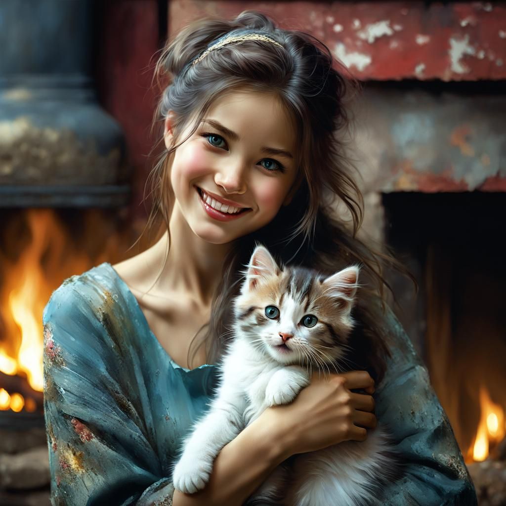 Woman with Kitten in Detailed Matte Painting