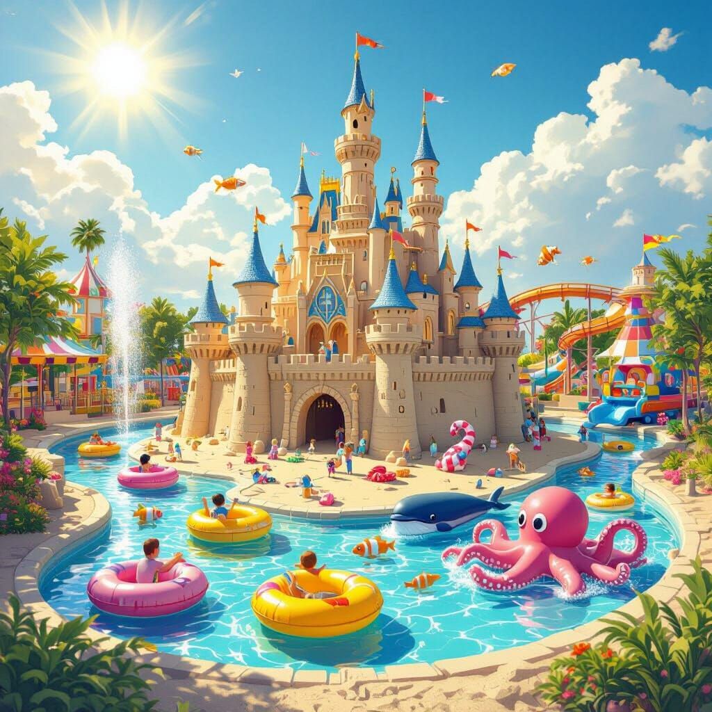 Whimsical Amusement Park Sandcastle with Lazy River