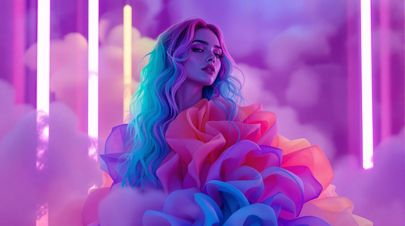 Neon Rainbow Gown in Dreamy Fog