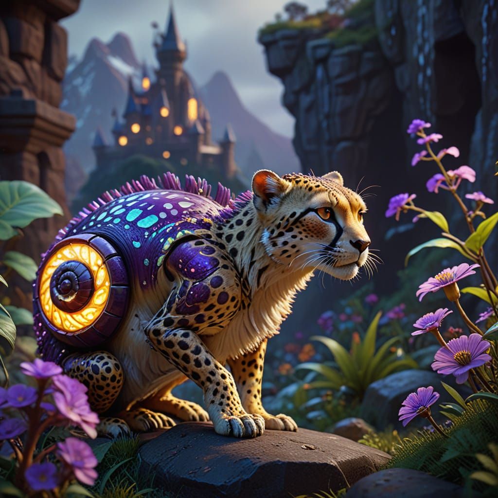 Majestic Cheetah-Snail Hybrid in Dark Fantasy Landscape