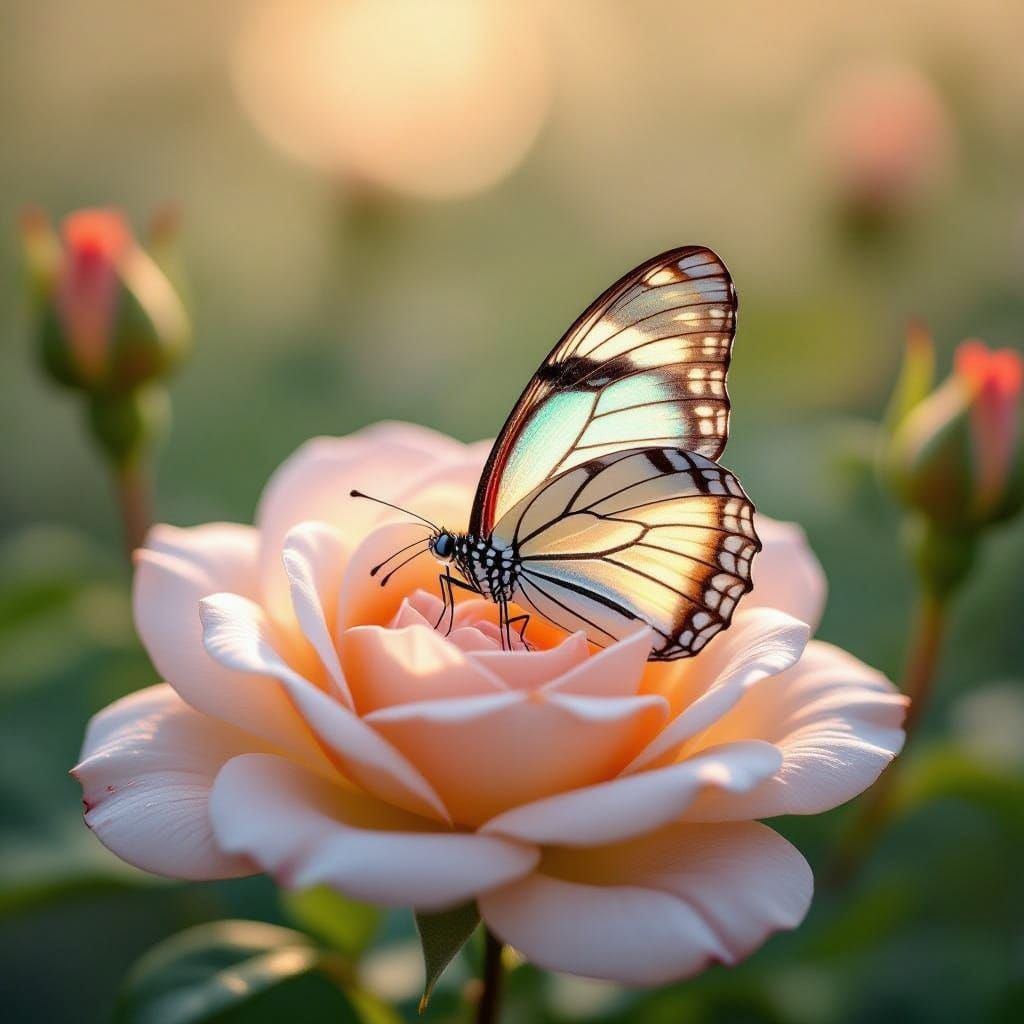Iridescent Butterfly on Rose Petal in Morning Light