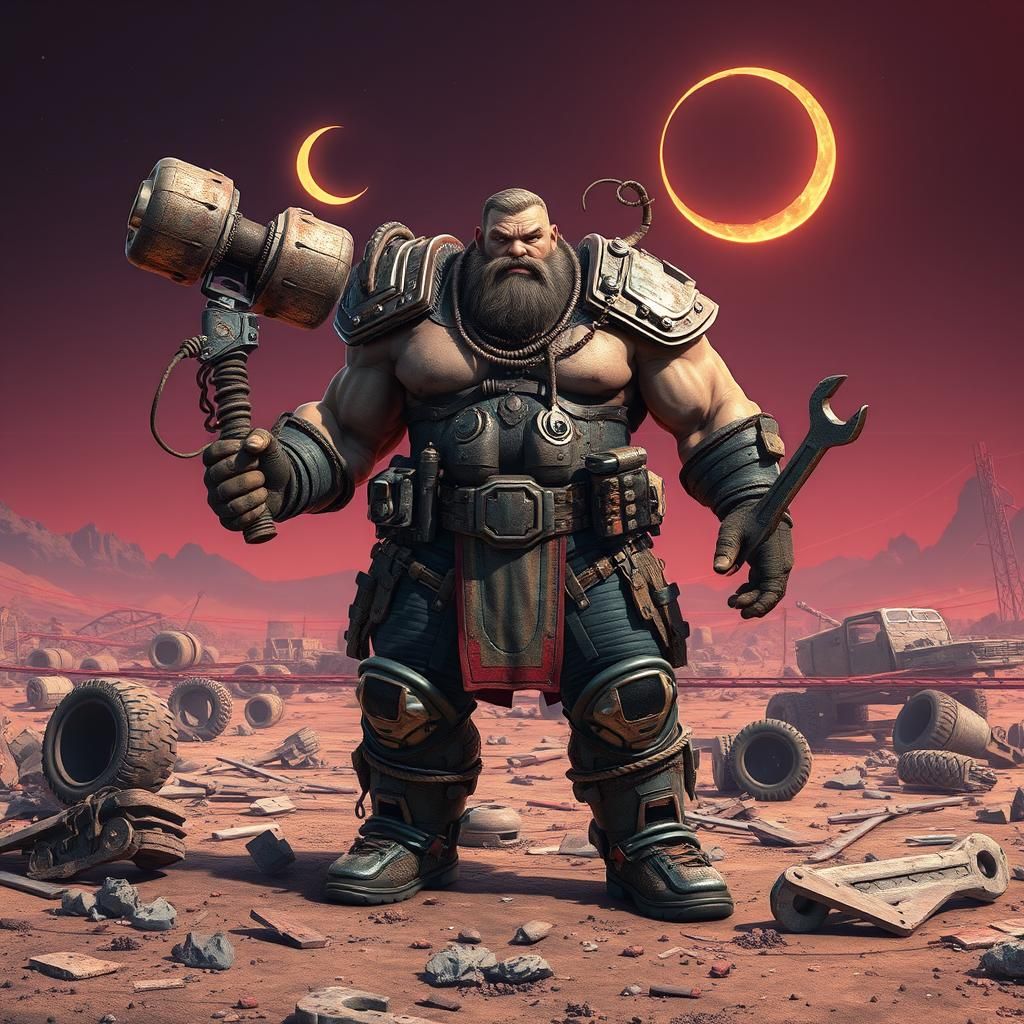 Post-Apocalyptic Mechanic in Junkyard with Crescent Moons