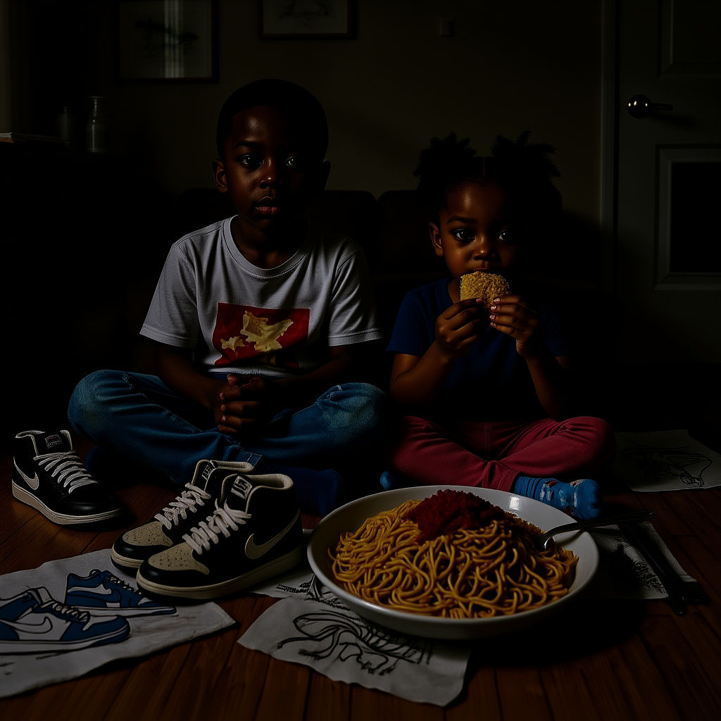 Children in Cozy Apartment, Expressive Brushstrokes