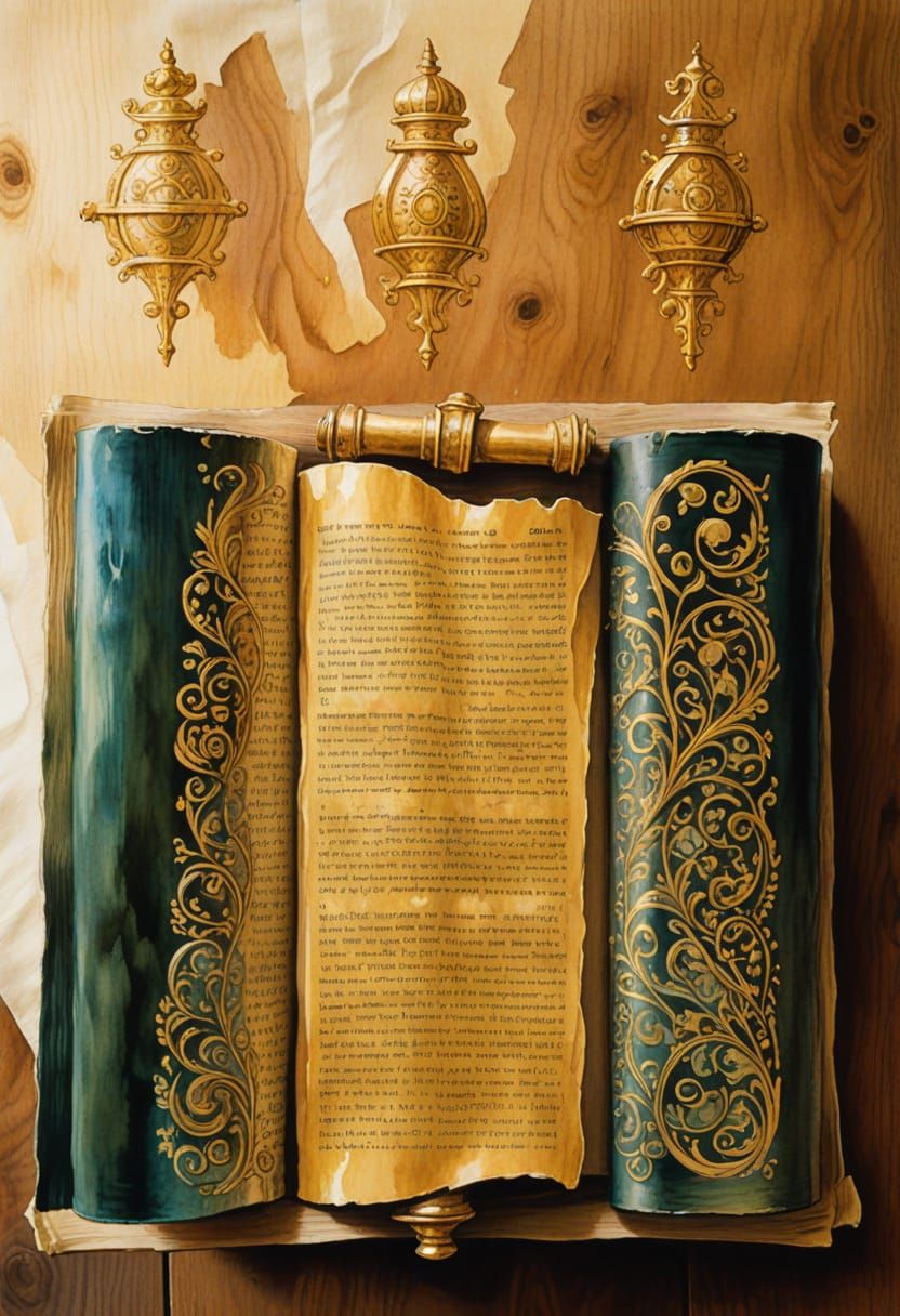 Watercolor Torah Scroll with Gold Handles