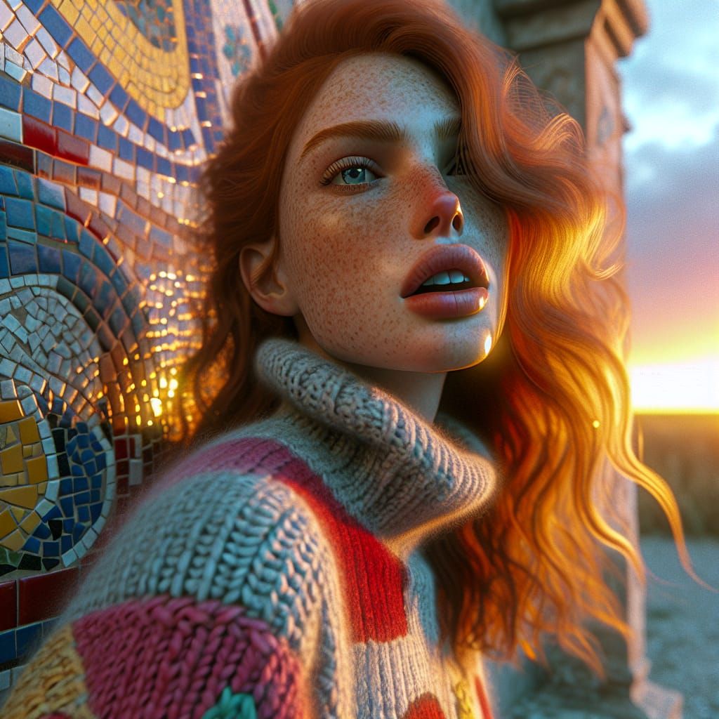Vibrant Redhead Caught in Warm Glow Behind Mosaic Wall