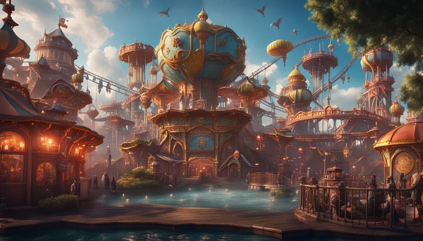 Fantastical Amusement Park: Detailed Matte Painting