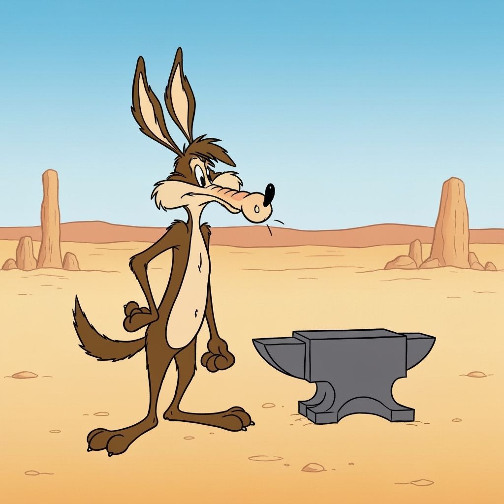 Wiley E. Coyote and Anvil in Desert, Chuck Jones Style