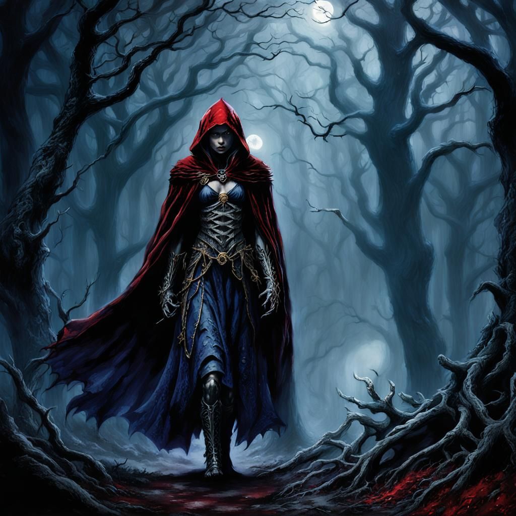Dark Fantasy Little Red Riding Hood Amidst Gothic Ruins