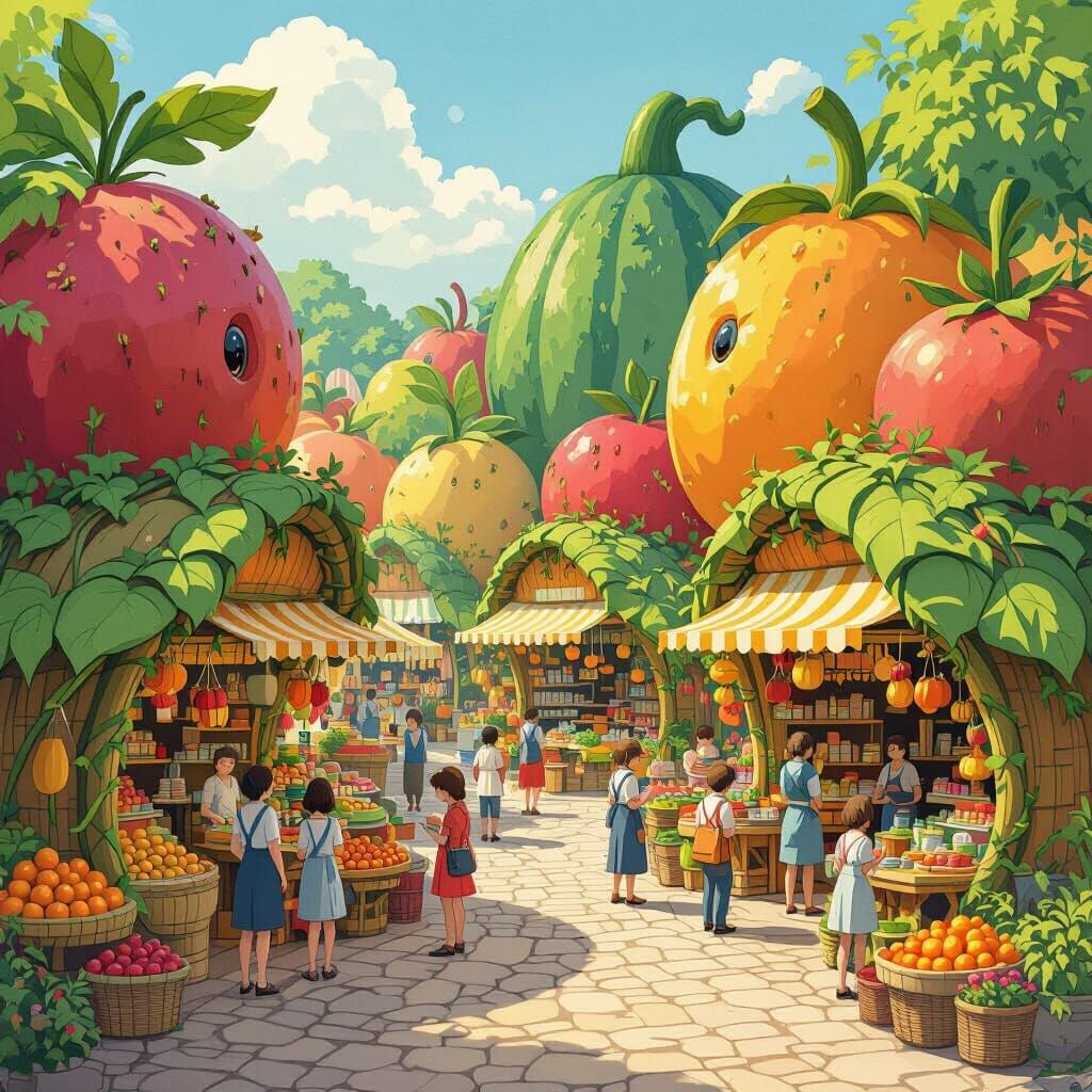 Whimsical Fruit City Market in Studio Ghibli Style