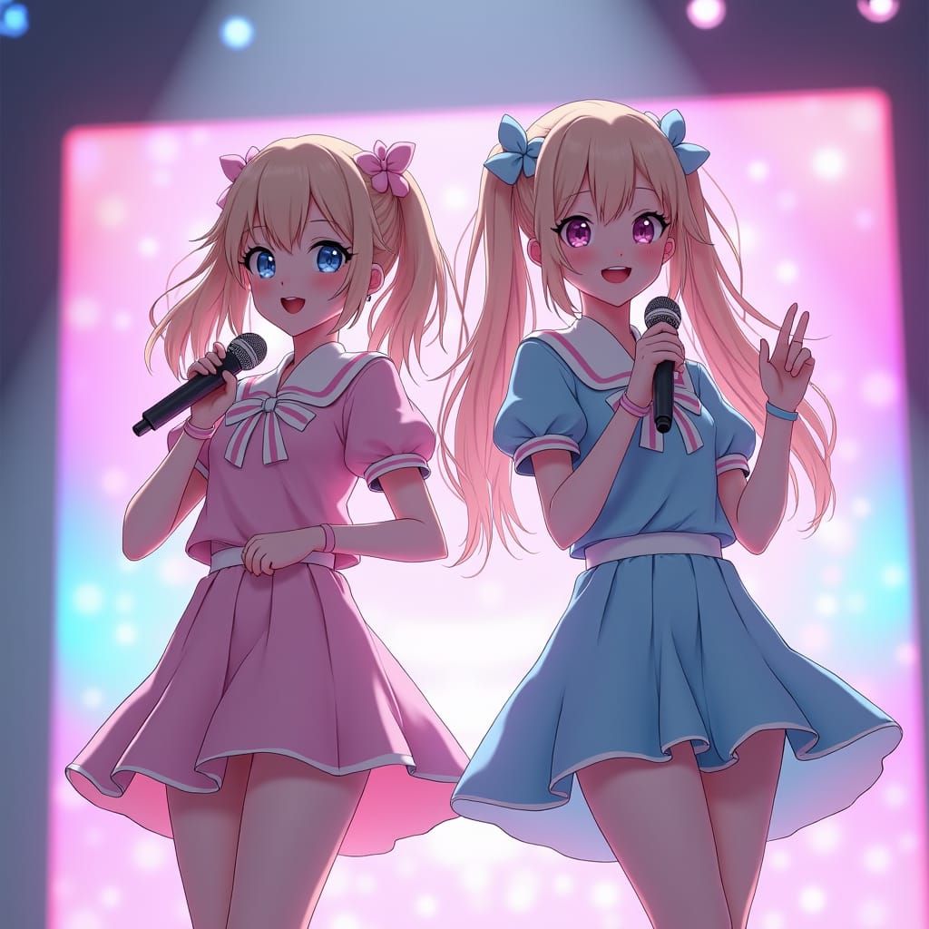 Anime Girls Singing on Neon Stage in 3D Style