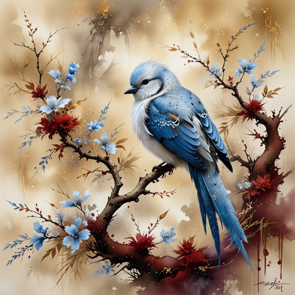 Chinese Landscape Painting with Bird in Watercolor Style