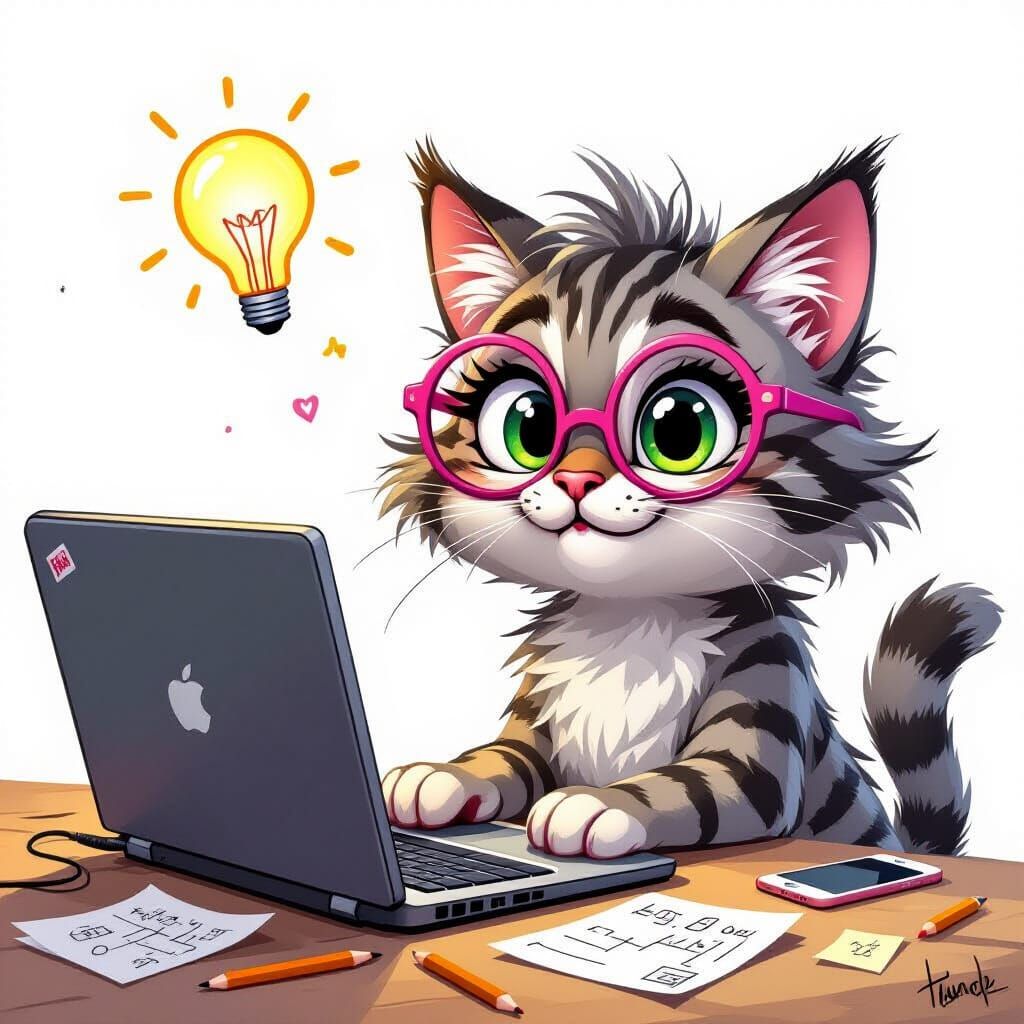 Genius She-Cat Working on Laptop in Exaggerated Cartoon Styl...