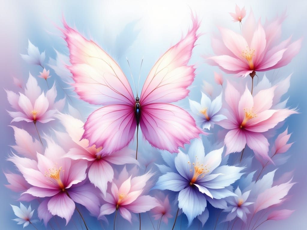 Ethereal Floral Composition with Butterflies in Watercolor