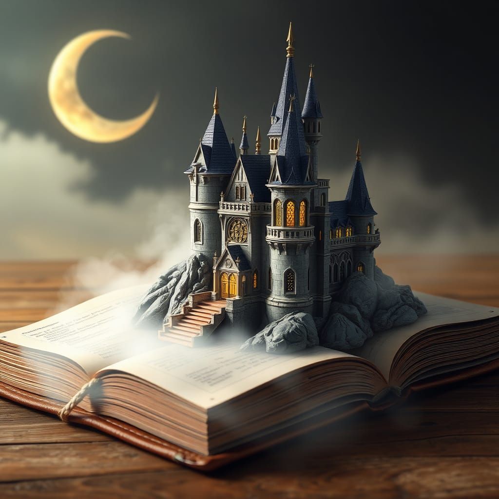 Mystical Castle Emerges from Book in 3D Illustration