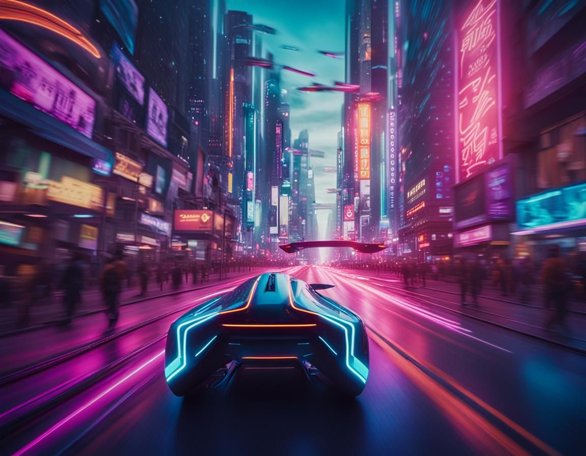 Futuristic Flying Car Soaring Through Neon Cityscape
