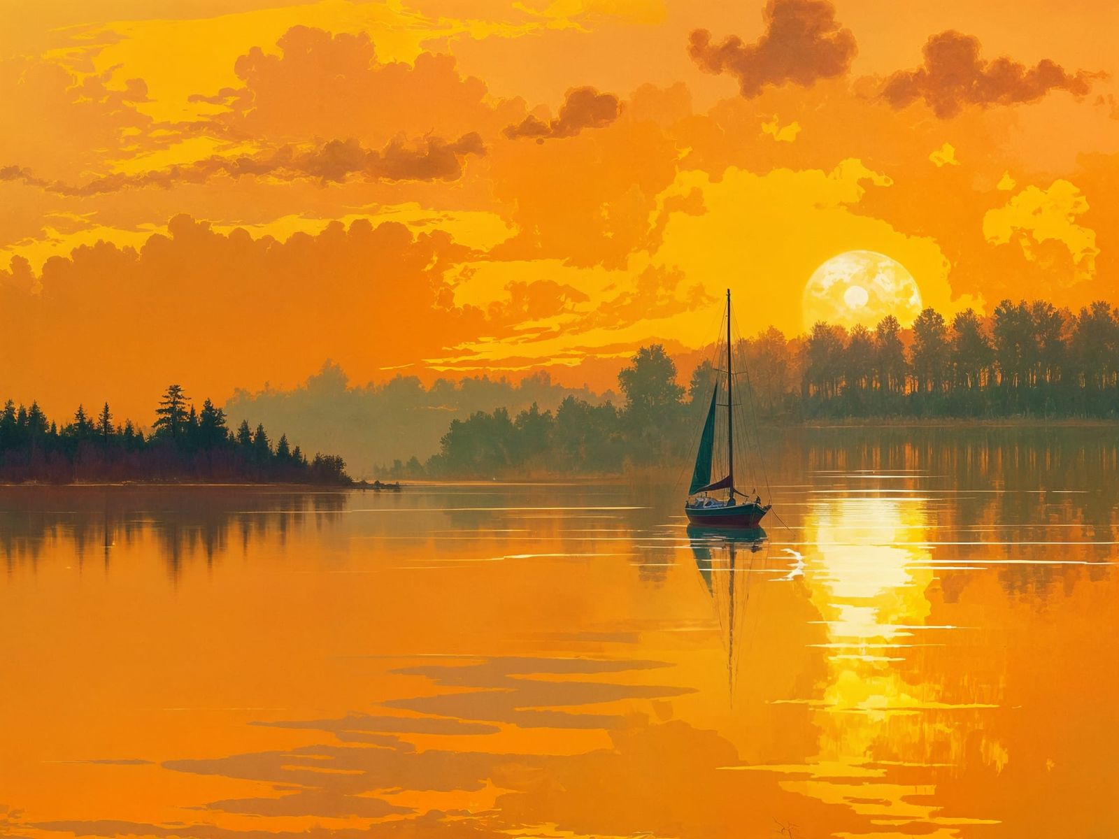 Sailboat on a Serene Lake at Golden Hour