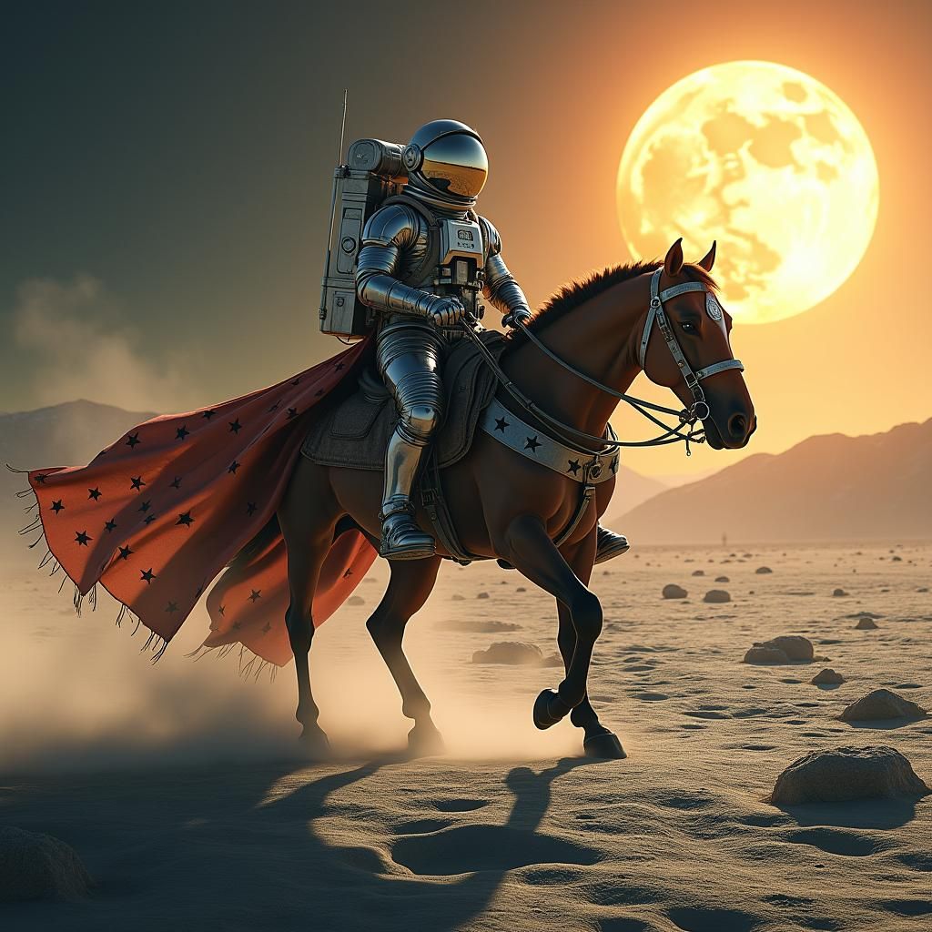 Astronaut Rides Horse on Moon with Superhero Shadow