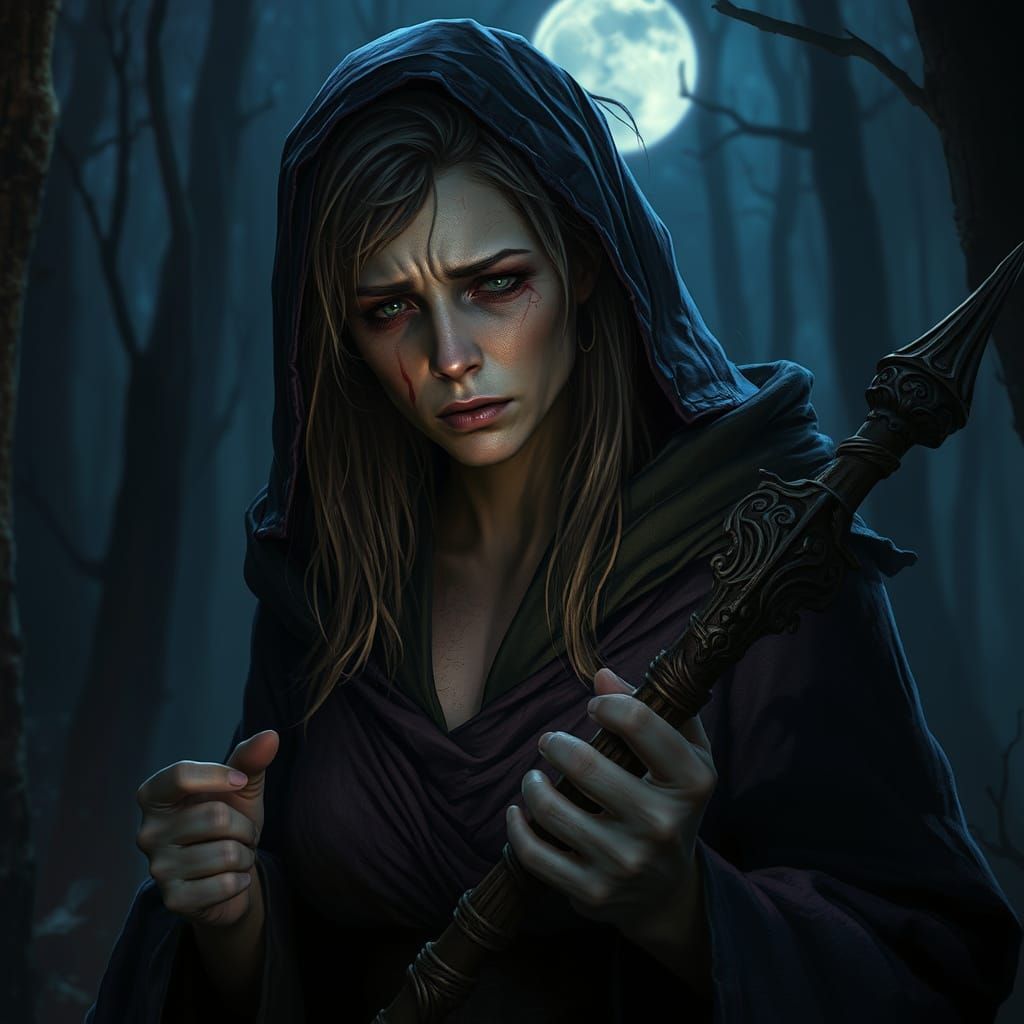 Weary Sorceress in Dark Fantasy Style Forest