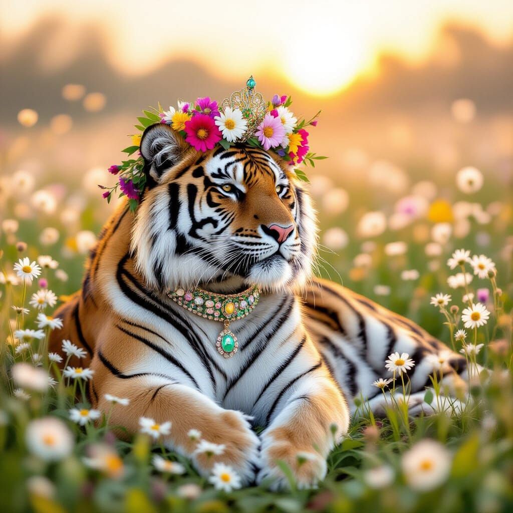 Tiger in Wildflower Crown at Dawn, Dreamy Art Nouveau