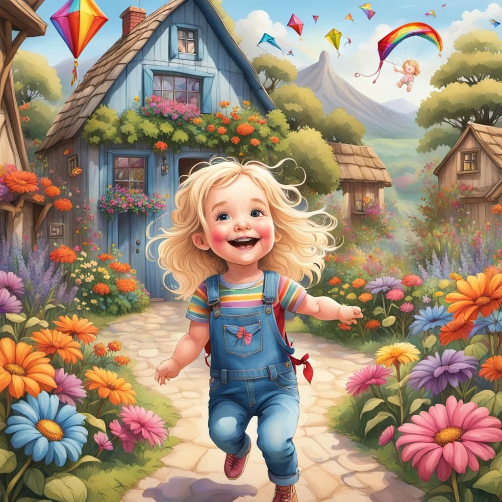 Toddler with Kite in Whimsical Flower Garden