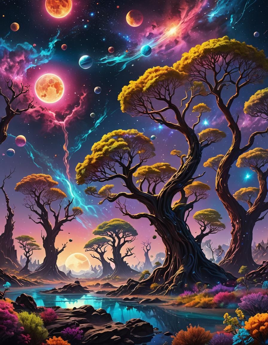 Alien World Under Cosmic Nebula, Holographic Art