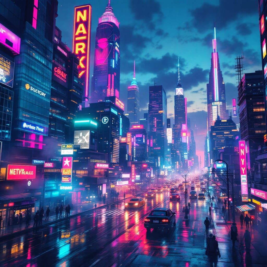 Futuristic New York Cityscape at Dusk, Matte Painting