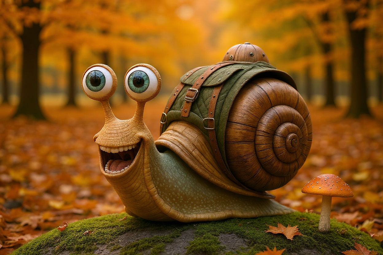 Cartoon Snail Explorer in Forest, Digital Art