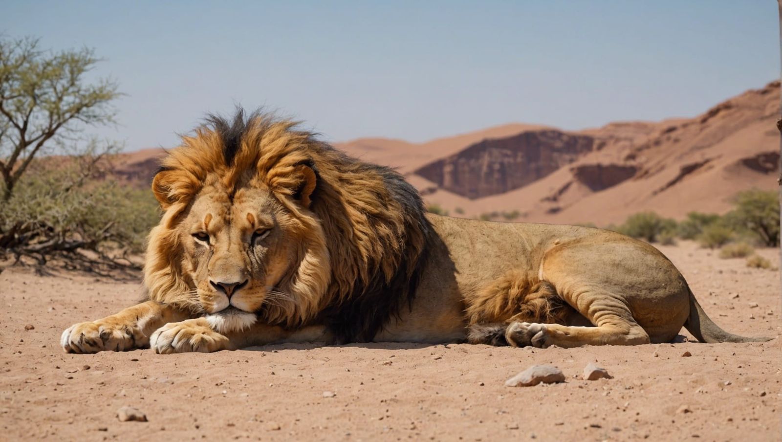 Sleeping Lion in Desert Landscape