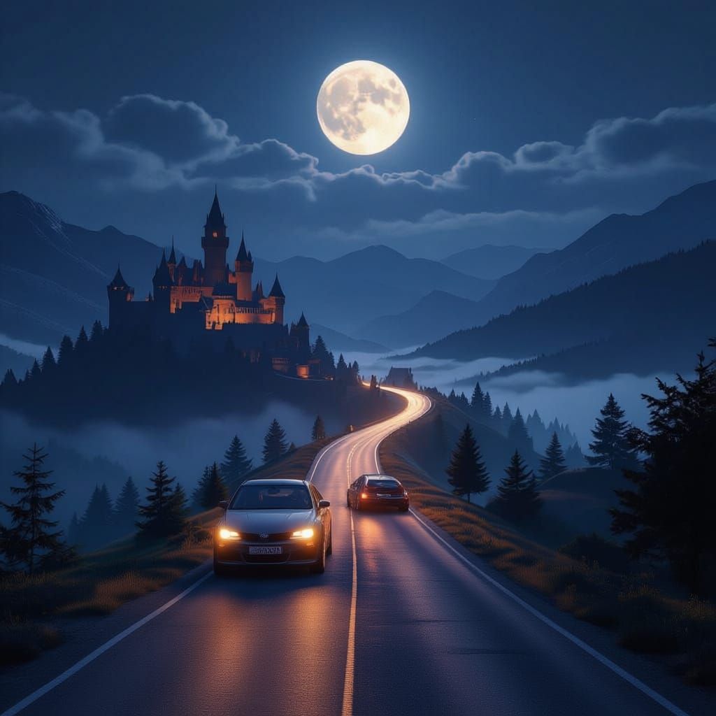 Epic Night Valley with Castle and Car Headlights